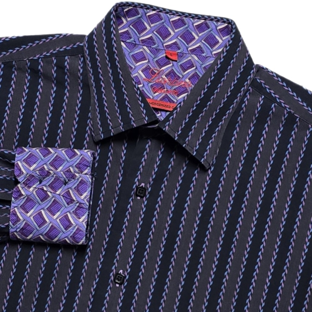 Luchiano Visconti Black Button Down Shirt Mens L Geometric Striped Flip Cuff